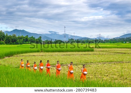 CHIANGMAI, THAILAND - OCT 24: Every day very early in the morning, the monks walk in the field to beg give food offerings to a Buddhist monk on Oct 24, 2014 in Maechaem, Chiangmai, Thailand