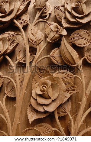 Rose Flower Thai style Teak wood carving Door in Chiangmai Thailand 