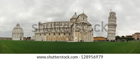 Panorama of Piazza dei Miracoli containing the Leaning Tower of Pisa, the Cathedral and Duomo