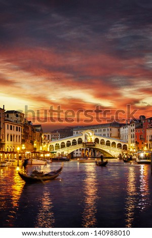 Ponte Rialto And Gondola At Sunset In Venice, Italy (Landscape Orientation Also Available)