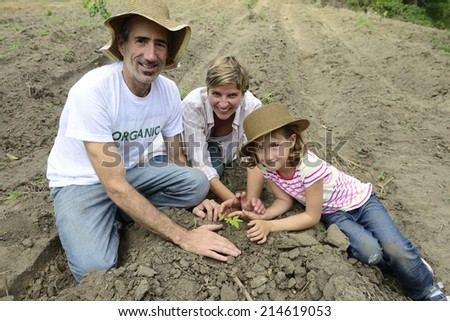 Agriculture or growth: Family of organic farmers planting seedling