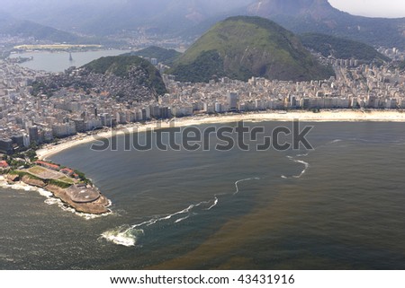 Aerial view of waters polluted with red tide  in Copacabana beach in Rio de Janeiro, Brazil.