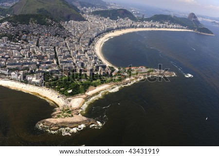 Aerial view of waters polluted with red tide  in Copacabana beach in Rio de Janeiro, Brazil.