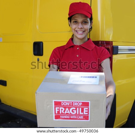 young delivery courier or mailman delivering postal packages