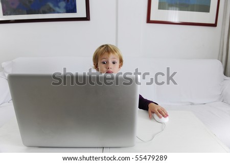 nerd child alone scared laptop computer surfing the Internet
