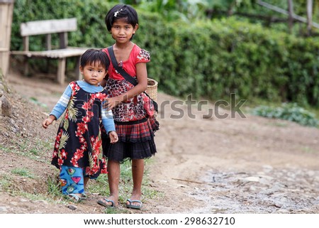 CHIN STATE, MYANMAR - JUNE 22 2015: Local village girls in the recently opened for tourists Chin State Mountainous Region, Myanmar (Burma)
