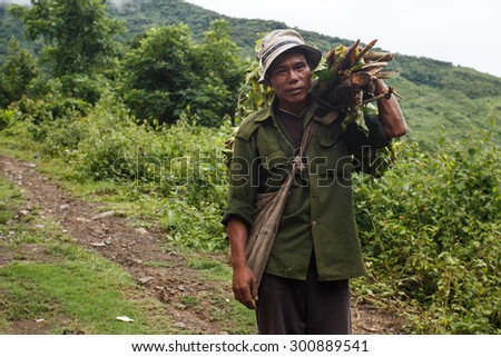 CHIN STATE, MYANMAR - JUNE 22 2015: Man carries load of wood in the only recently opened for tourists Chin State Mountainous Region, Myanmar (Burma)