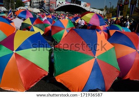 BANGKOK,THAILAND-JANUARY 13: Unidentified protesters shut down the cityf or the reformation before election at the Victory Monument. on January 13,2014 in Bangkok,Thailand.