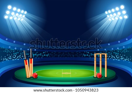 Cricket stadium background. Hitting recreation equipment. Vector wallpaper design.