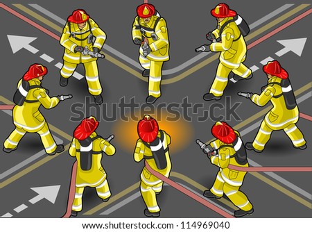 Detailed illustration of a isometric firefighter extinguisher in eight positions