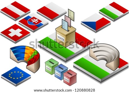 isometric ballot box and parliament on the button flag of center europe country