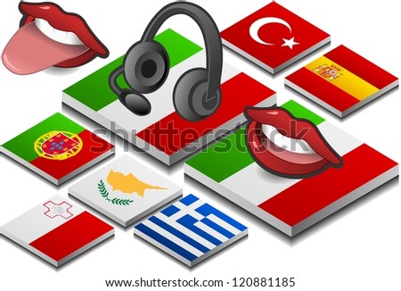 isometric headphones and mouth on the button flag of south europe country
