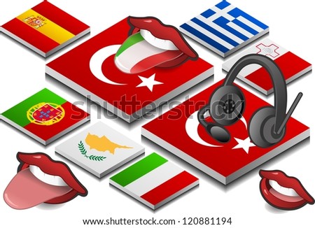 isometric headphones and mouth on the button flag of south europe country