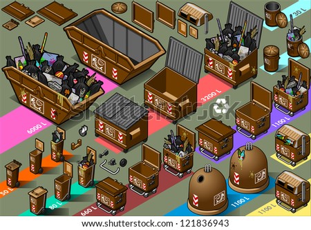 Detailed illustration of a isometric humid waste garbage container in various sizes