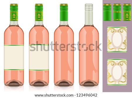 Detailed illustration of a Four rosÃ?Â¨ wine bottles with label.