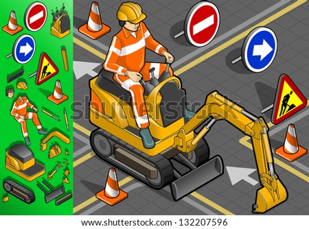 isometric mini excavator with man at work
