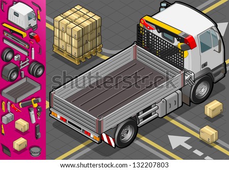 isometric container truck in rear view