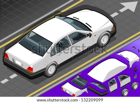 Detailed illustration of a isometric white car in rear view