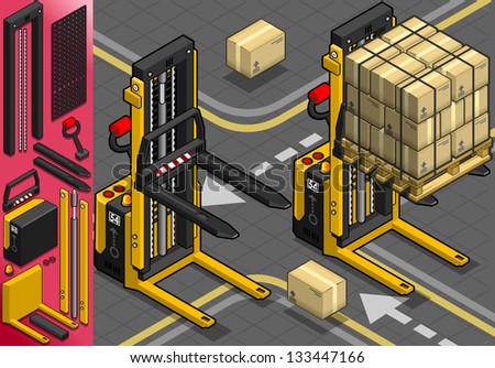 Detailed illustration of a Isometric Forklift in Two Positions in Front View