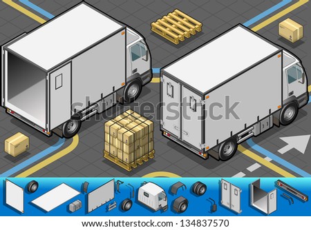 Detailed illustration of a isometric container refrigerator truck in rear view