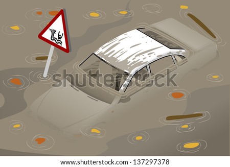 Isometric White Car Flooded in front view