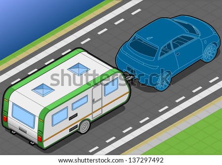 detailed illustration of a isometric roulotte and car in rear view