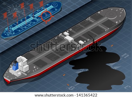 Detailed illustration of a Isometric Ship Tanker Leaky Oil in rear view Detailed illustration of a Isometric Ship Tanker Leaky Oil in rear view