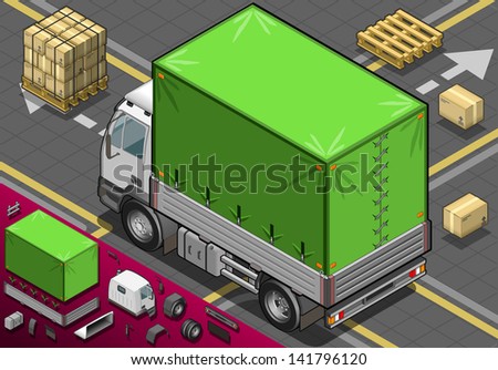 Detailed illustration of a isometric Pick Up Truck with Tarpaulin in rear view