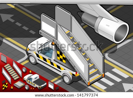 Detailed illustration of a Isometric Airport Boarding Stair Car in  rear view