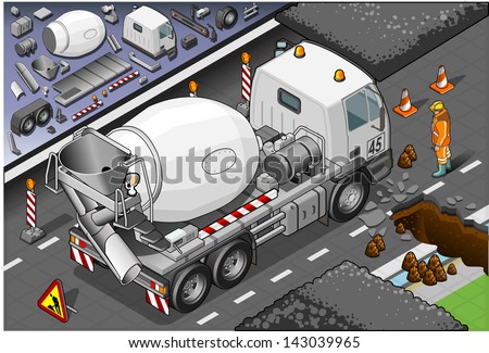 Detailed illustration of a isometric cement mixer truck in rear view