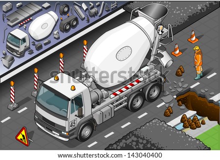 Detailed illustration of a isometric cement mixer truck in front view