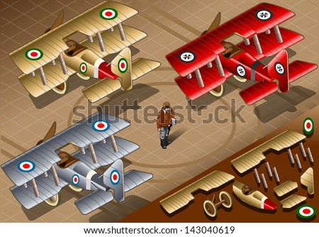 Detailed illustration of a Isometric Old Vintage Biplanes in three livery in rear view