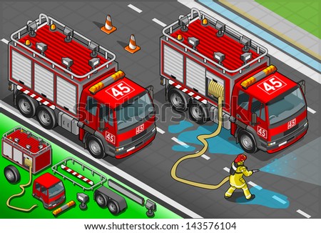 Detailed illustration of a Isometric Firefighter and Truck in front view