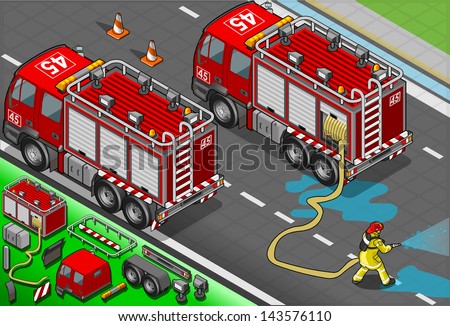 Detailed illustration of a Isometric Firefighter and Truck in rear view