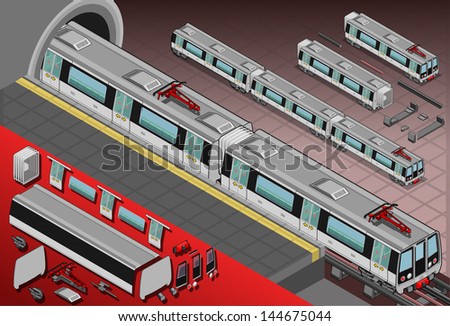 Detailed illustration of a isometric metro wagons in the station