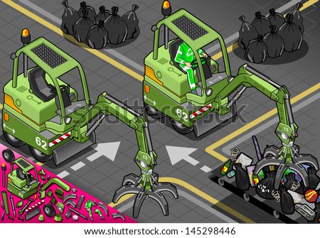 Detailed illustration of a Isometric Mini Mechanical Arm Machine with Man at Work in front view