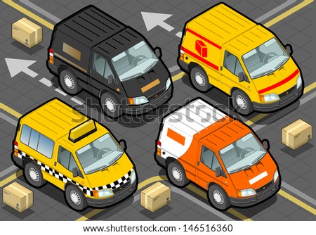 Detailed illustration of a Isometric Delivery Trucks and Taxi in Front View