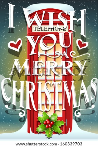 Detailed Illustration of a Christmas Greeting Card with English Red Telephone Cabin