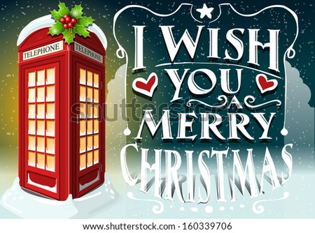 Detailed Illustration of a Christmas Greeting Card with English Red Telephone Cabin