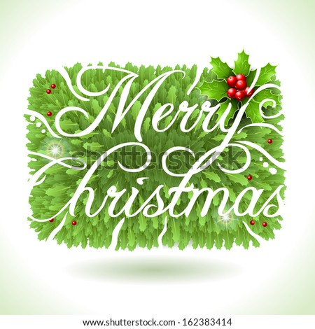 Detailed illustration of a Holly Leaves Rectangle and Merry Christmas Calligraphic Text