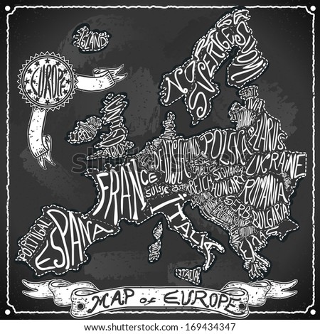 Detailed Illustration Of A Europe Map On Vintage Handwriting Blackboard
