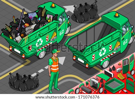 Detailed illustration of a Isometric Garbage Rickshaw in Rear View