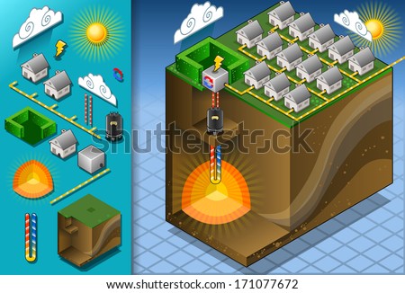 detailed illustration of a Isometric Geothermal Heat Pump Diagram with magma