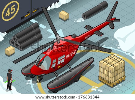 Detailed illustration of a Isometric Arctic Emergency Helicopter Landed in Front View