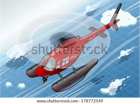Detailed illustration of a Isometric Arctic Emergency Helicopter in Flight in Front View