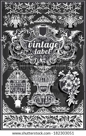 Detailed illustration of a Vintage Hand Drawn Graphic Banners and Labels on Blackboard