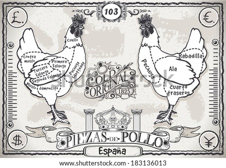 Detailed Illustration of a Vintage Page of Spanish Cut of Chicken