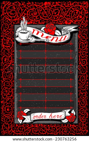 Detailed Illustration of a Vintage Dark Menu with Red Roses and Banners