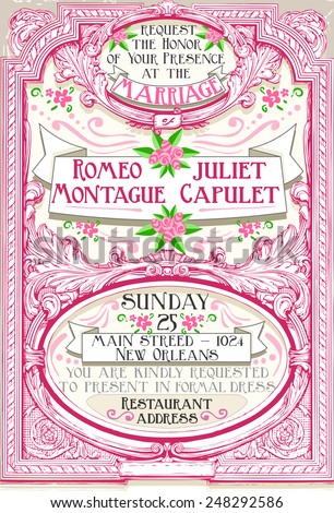 Detailed illustration of a Pink Floral Vintage Wedding Invite Detailed illustration of a Pink Floral Vintage Wedding Invite