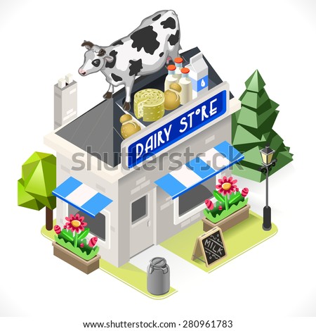 Small Dairy Products Shop Deli Department with Big Cheese Wheel Cow and Milk Bottles as Signboard 3D Isometric Tint Illustration. Icon. JPG. JPEG. Object. Picture.  Vector. EPS 10. AI - stock vector